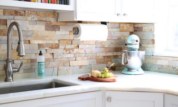 Aztec Gold Stacked Stone Kitchen Backsplash